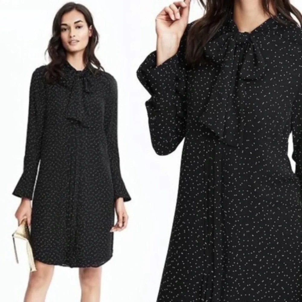 Banana Republic Dress Womens XS Black Polka Dot Tie Neck‎ Long Sleeve Office